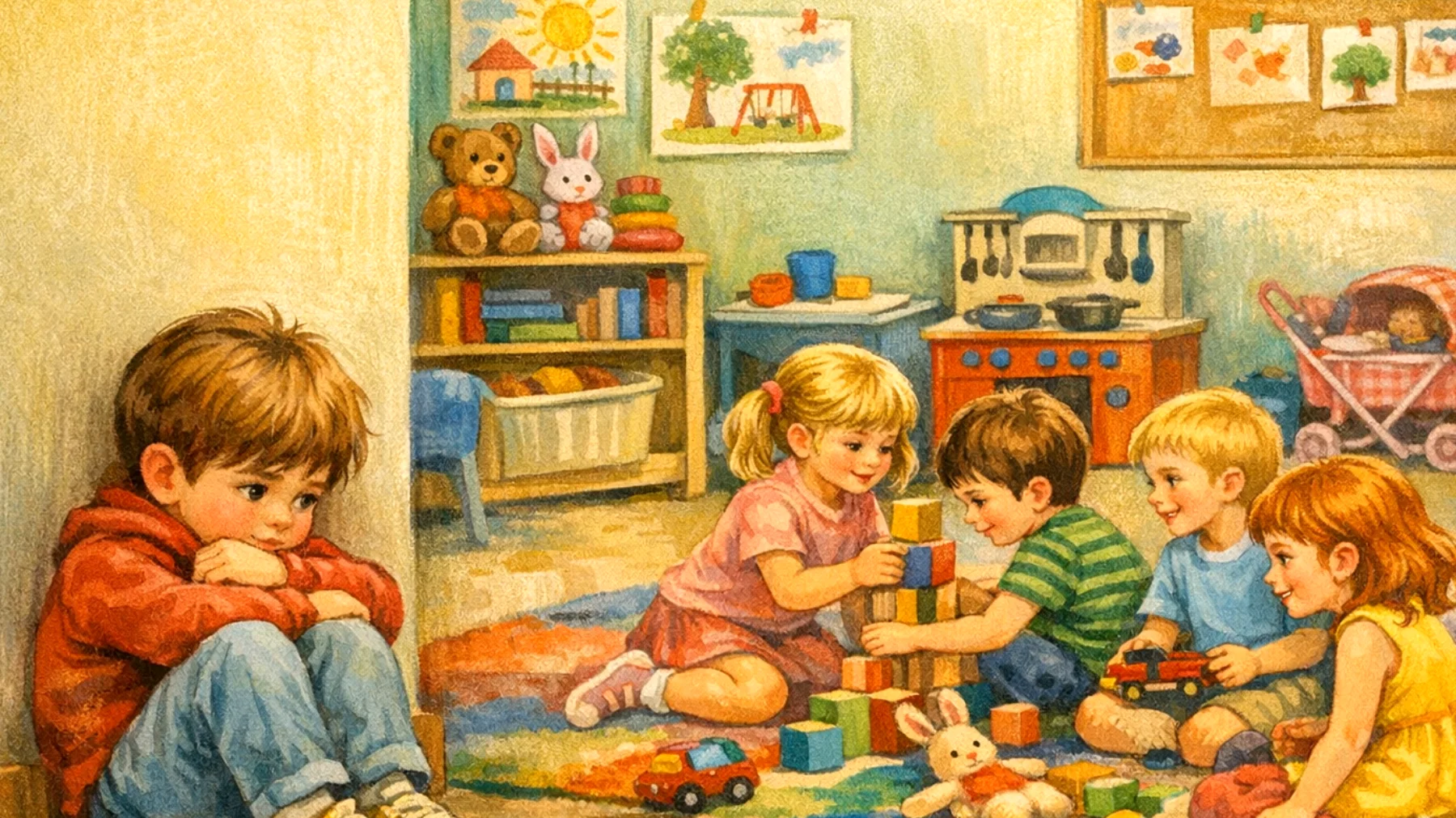 I genitori si preoccupano perché il loro bambino è molto timido, fa fatica a socializzare con i coetanei, preferisce restare solo e si isola durante le attività di gruppo all'asilo o al parco giochi"