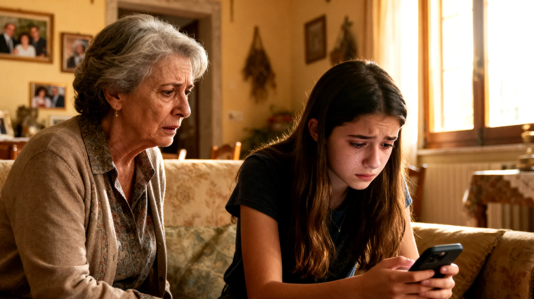 Nonna che osserva con preoccupazione i segnali di bassa autostima nella nipote adolescente, manifestati attraverso autocritica costante, confronti negativi con i coetanei sui social media e ritiro dalle attività che prima le piacevano, senza sapere come intervenire efficacemente per supportarla senza sembrare invadente o fuori dal mondo giovanile"