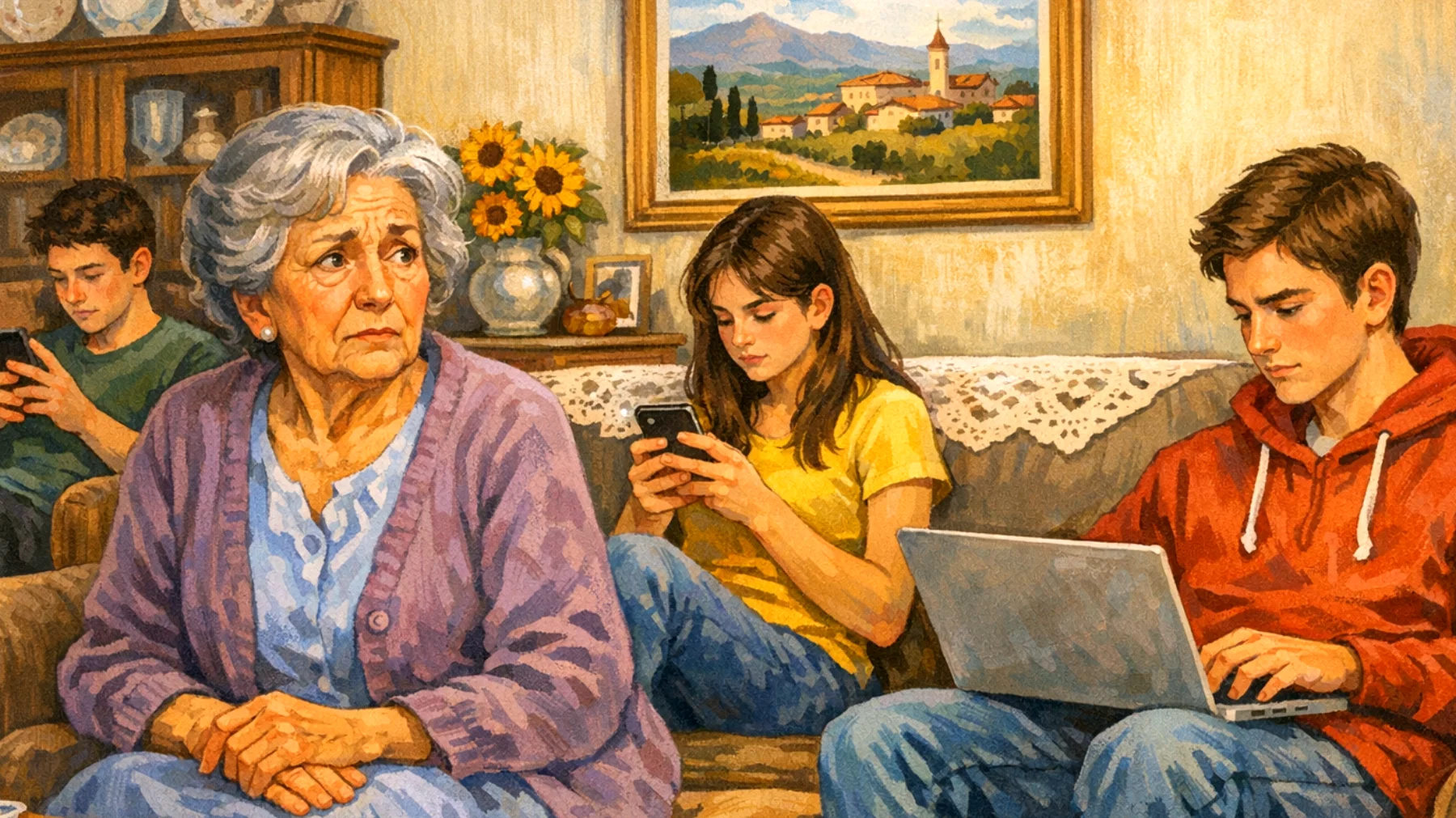 La nonna fatica a comprendere e accettare le scelte di vita, i valori e lo stile comunicativo dei nipoti adolescenti, generando incomprensioni e distanza emotiva"