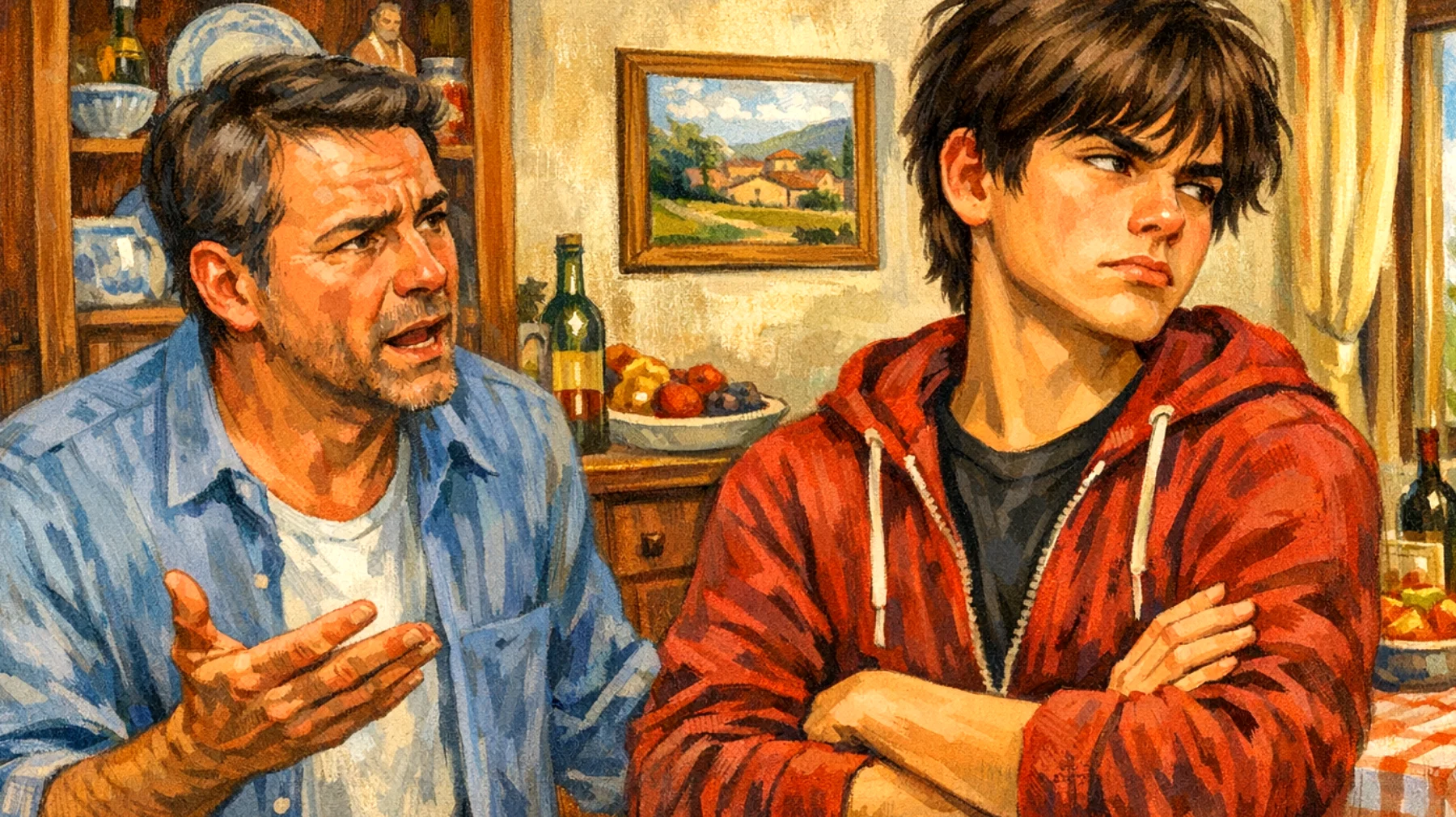 Padre che fatica a comunicare efficacemente con il figlio adolescente, il quale si chiude sempre più in se stesso e risponde a monosillabi o con atteggiamenti di rifiuto al dialogo"