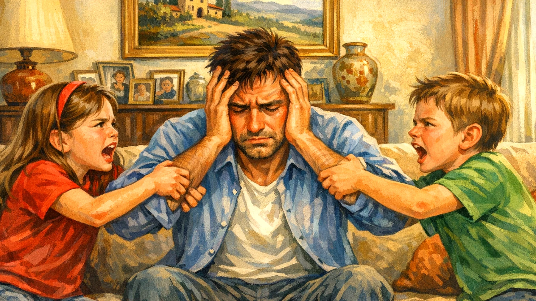 Un papà si trova a gestire la gelosia e la rivalità tra i suoi bambini, che litigano frequentemente per attirare la sua attenzione, causando tensioni familiari e sensi di inadeguatezza nel padre."