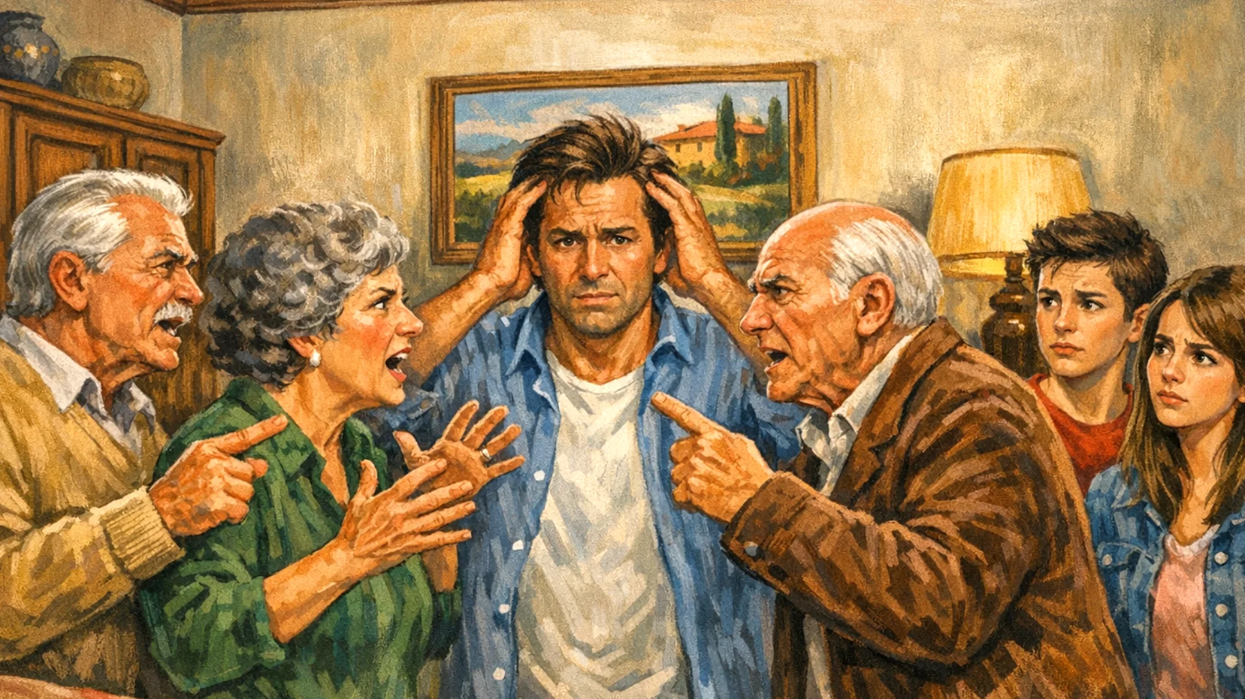 Un papà si trova in difficoltà nel gestire i continui conflitti con i suoceri e la propria famiglia d'origine riguardo l'educazione dei figli adolescenti, con critiche reciproche sui metodi educativi e interferenze nelle decisioni familiari che creano tensioni di coppia e confusione nei ragazzi."