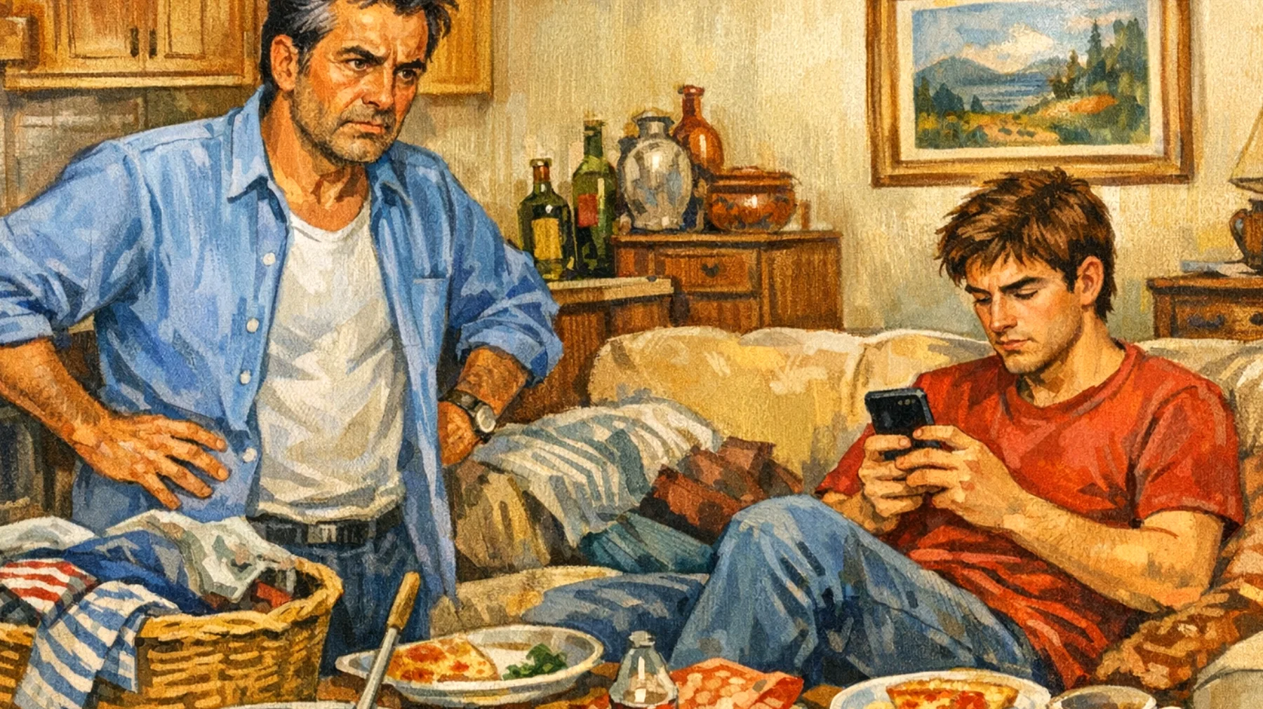Papà che fatica a coinvolgere il figlio giovane adulto nelle responsabilità domestiche e nella condivisione degli impegni familiari, nonostante l'età e la convivenza"