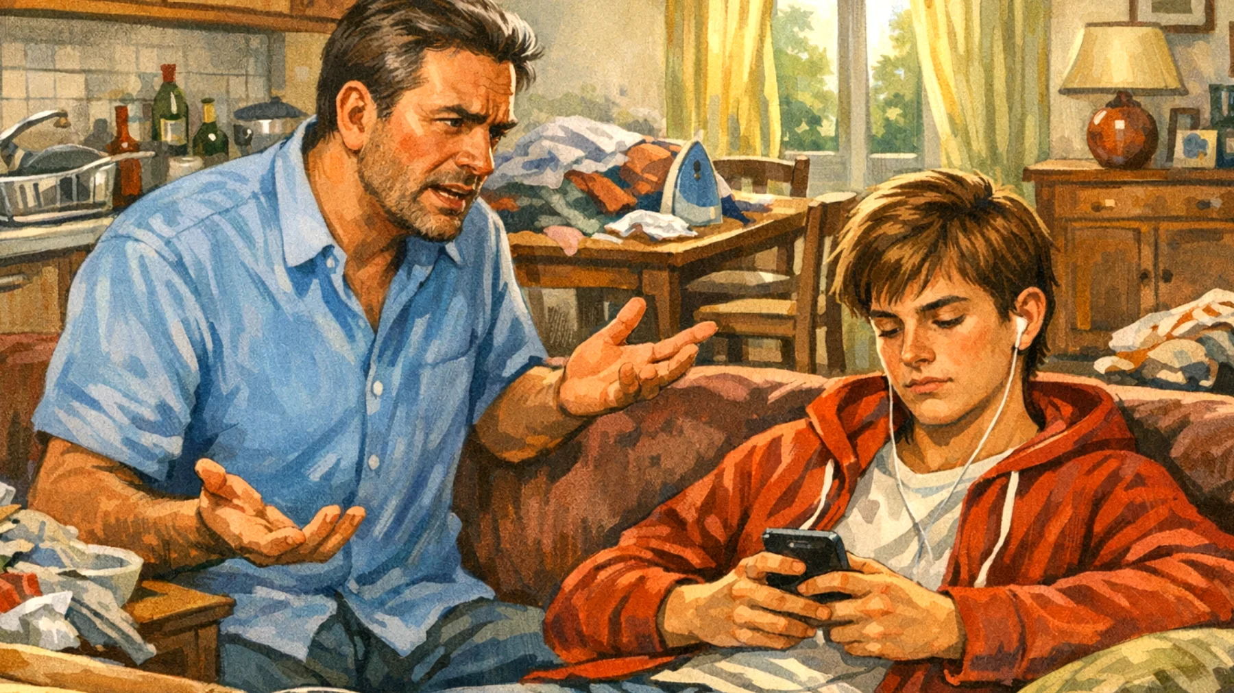 Papà che fatica a coinvolgere il figlio adolescente nelle attività quotidiane e responsabilità domestiche, trovandosi di fronte a rifiuti, procrastinazione e disinteresse generale verso la collaborazione familiare"